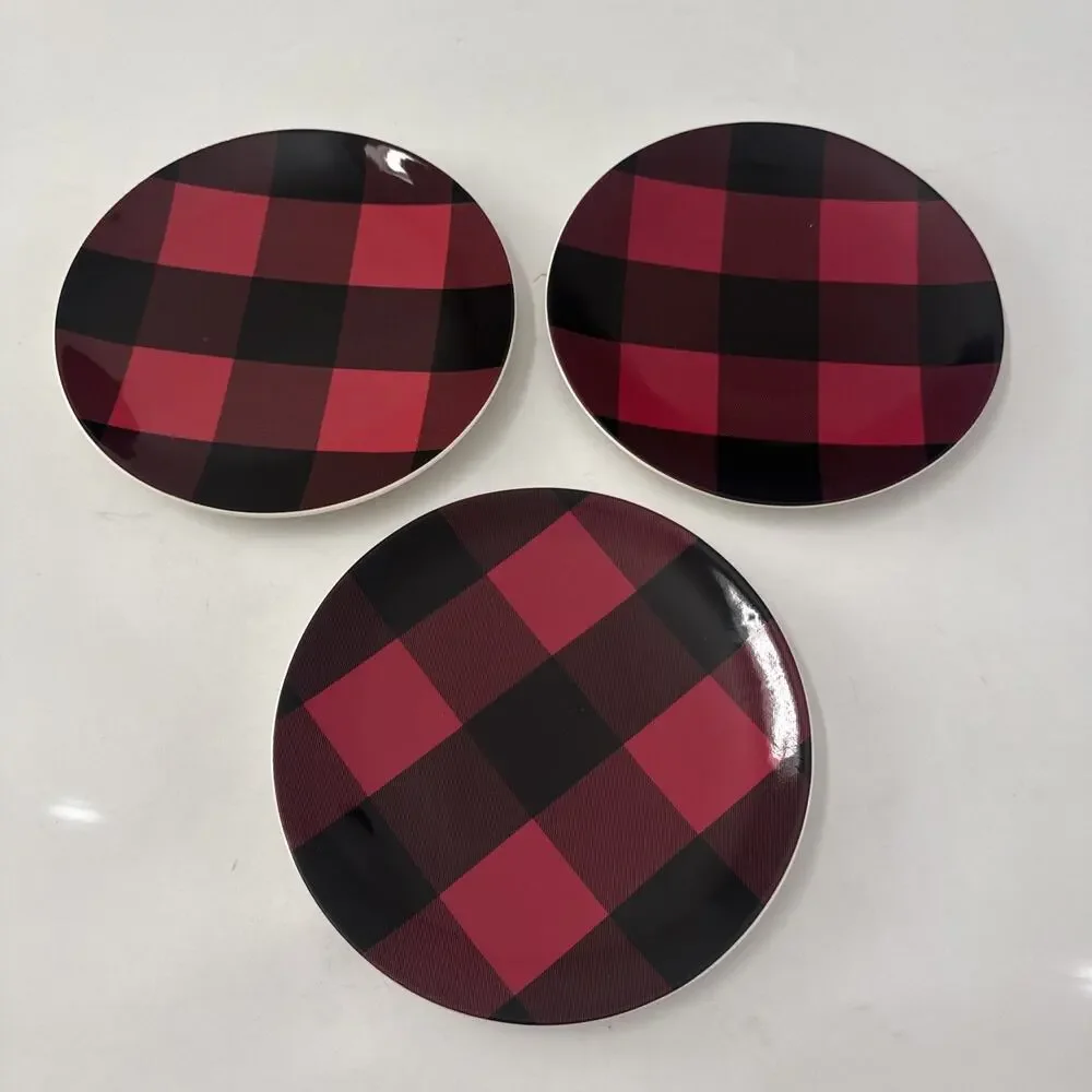 Set of 3 Pottery Barn Buffalo Plaid Check Red & Black Salad Plates